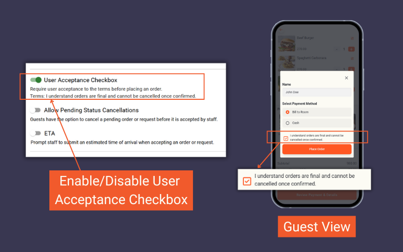 how to enable/disable user acceptance checkbox